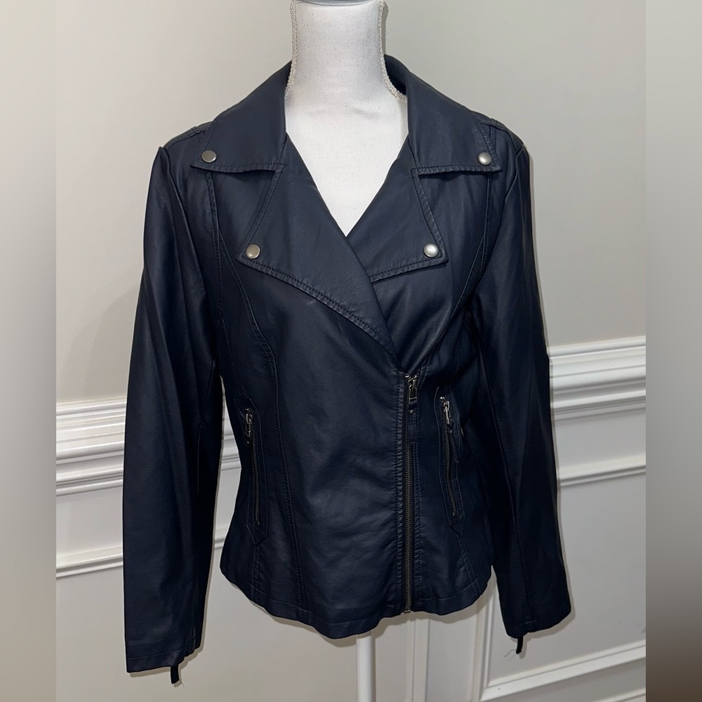Max Studios Women’s Navy Blue Faux Leatherette Moto Jacket size L (like M fit) - Picture 11 of 14